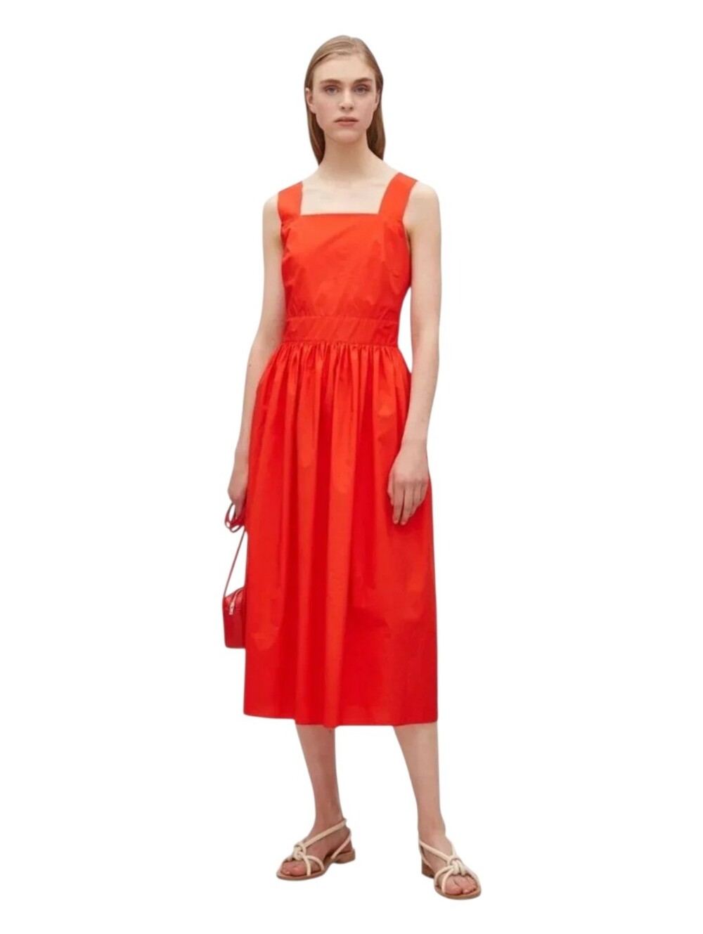 COS Shoulder Strap Dress Size 8 Vibrant Red 100% Cotton Open Back *Flaws*